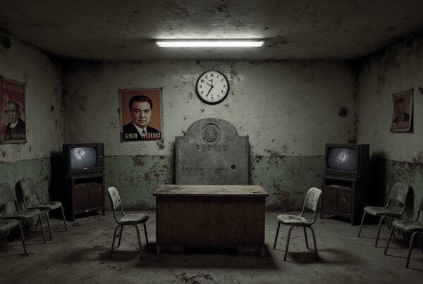 A stark, abandoned room with decrepit furniture and antique televisions under low lighting.