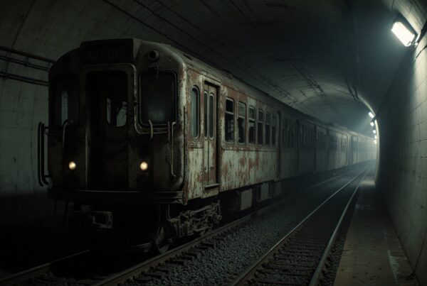 Image of a rusty, abandoned train traveling through a dimly lit tunnel, evoking a sense of mystery and desolation.