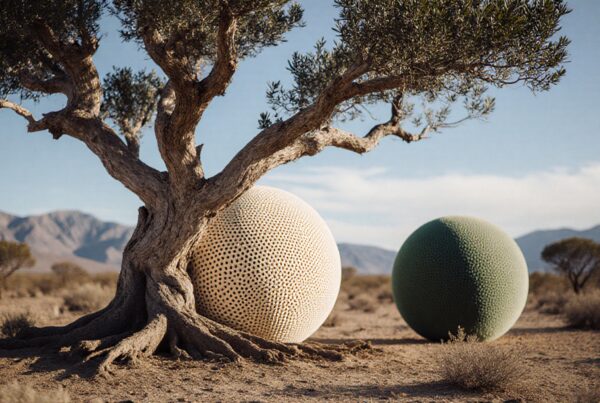 Surreal desert scene with textured spheres and a gnarled tree in a mountainous backdrop.