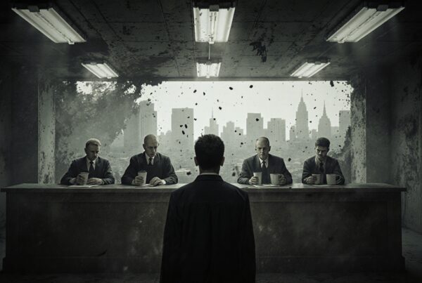 A man faces a panel in a dimly lit, grayscale room with a city backdrop, suggesting a formal meeting.