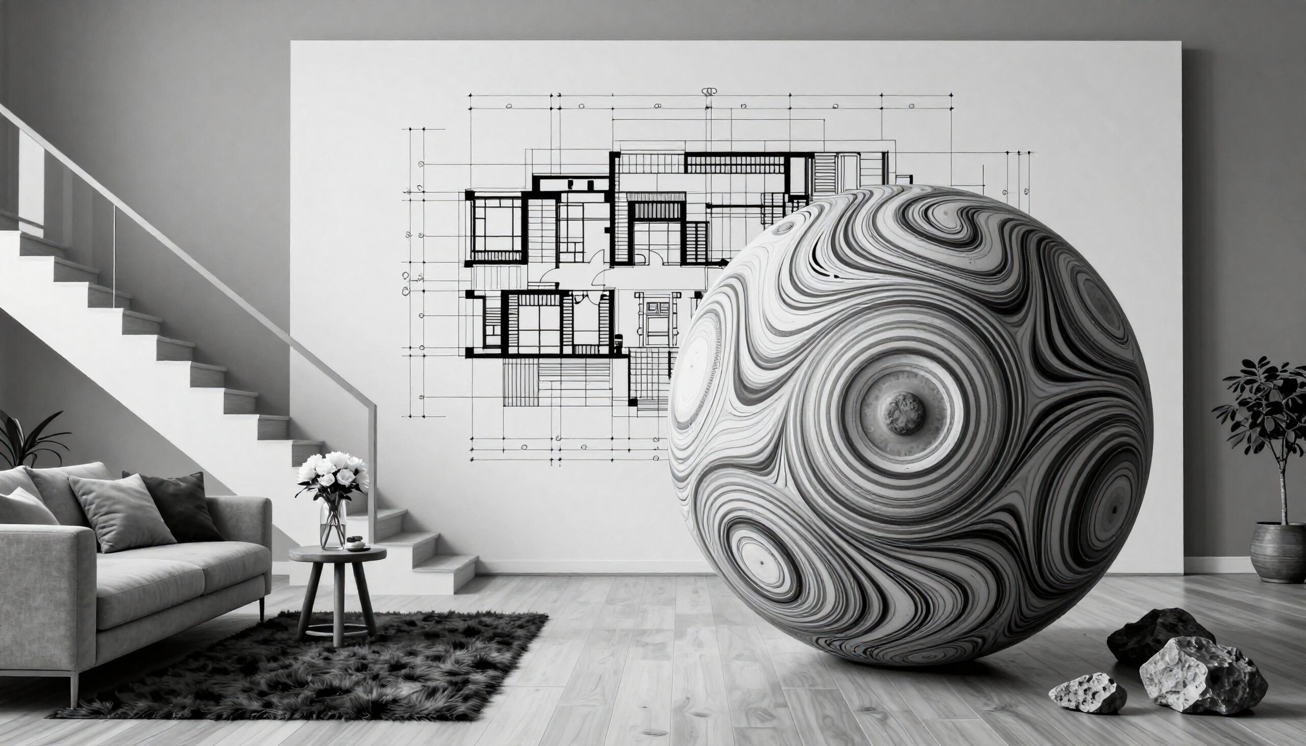 Modern Minimalist Interior with Blueprints