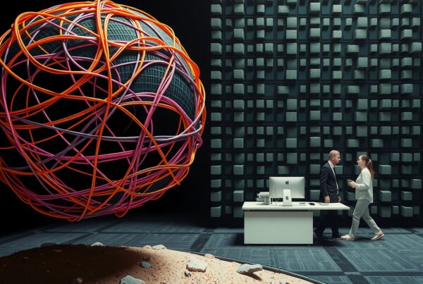 A futuristic office juxtaposes technology and nature with a floating sphere wrapped in vibrant cables against an acoustic backdrop.