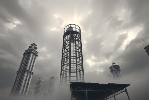 Futuristic skyline with misty skyscrapers.