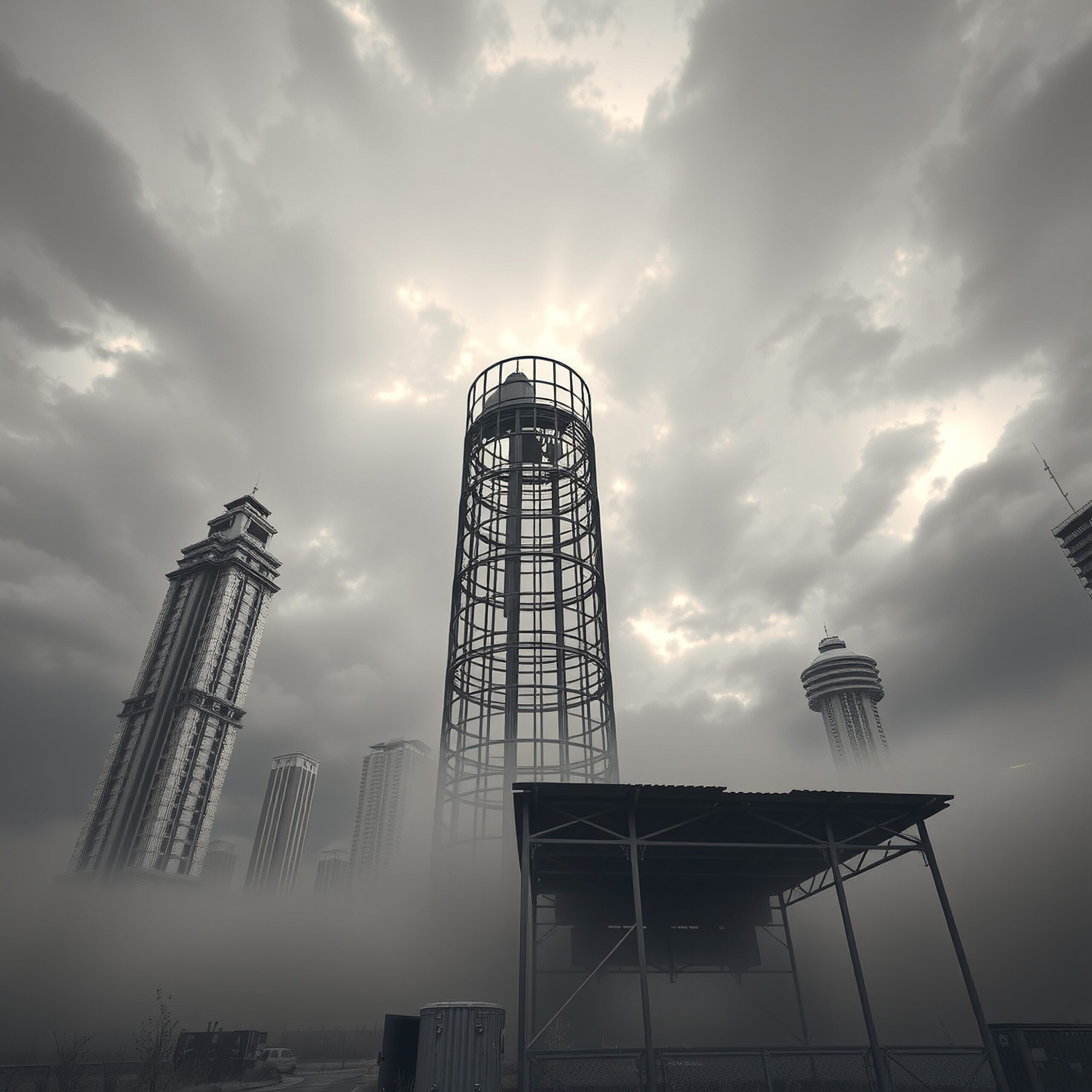 Foggy Skyscrapers Under Cloudy Sky