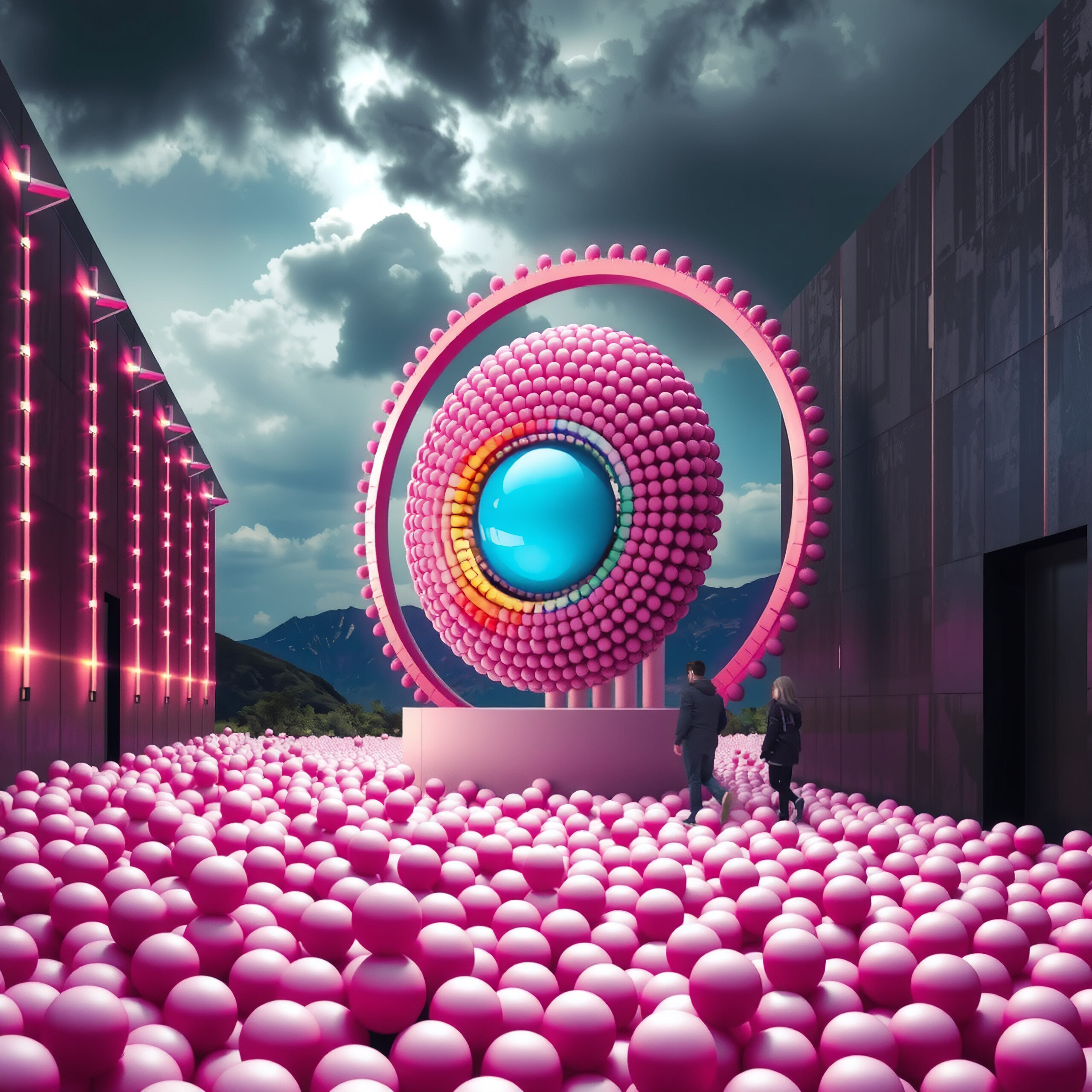 Future Pop Art Installation with Pink Spheres