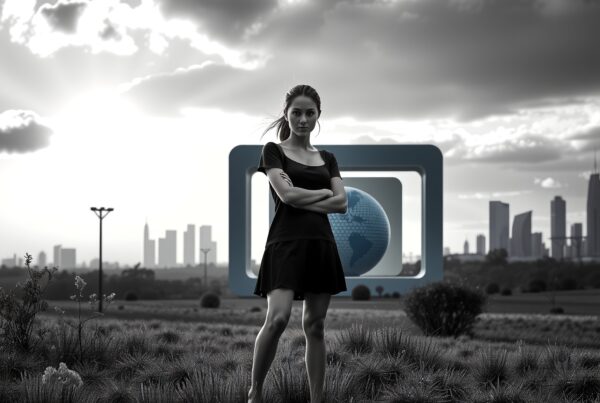 A young woman stands confidently against an urban skyline backdrop, symbolizing global awareness and modernity.