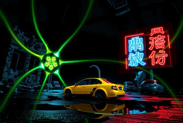 A bright yellow car is parked on a neon-lit rainy street under vibrant signs and futuristic elements, creating a cyberpunk atmosphere.