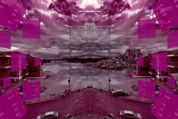 A surreal landscape with magenta geometric figures and reflective waters creates a dreamlike scene.