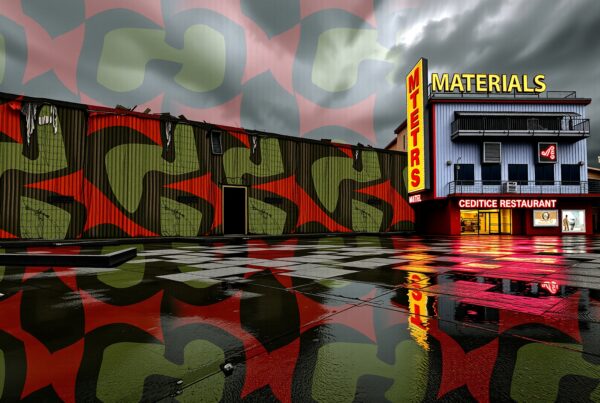 Striking urban scene with bold signage and artistic facade patterns against a moody sky.