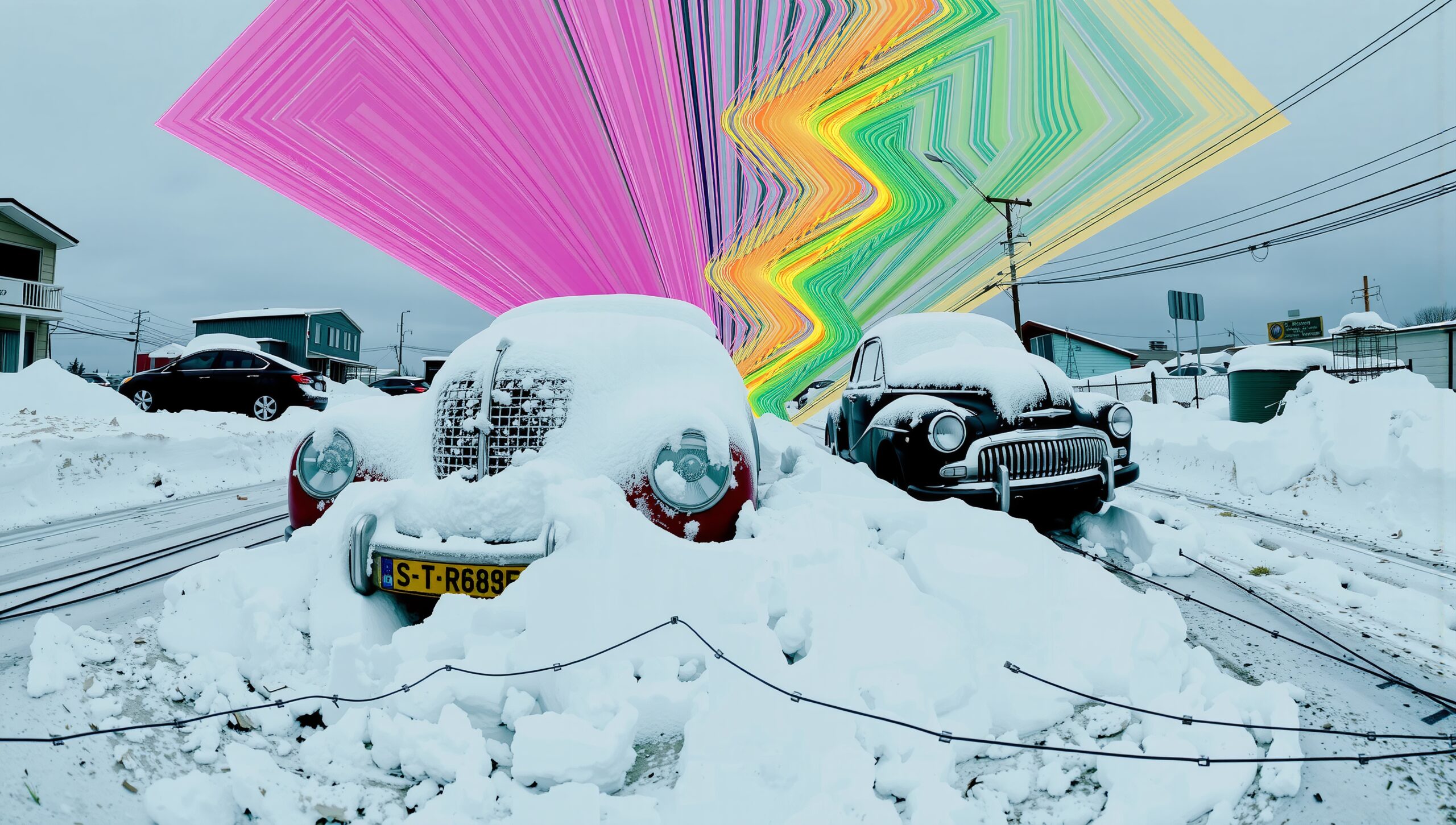 Colorful winter scene with cars