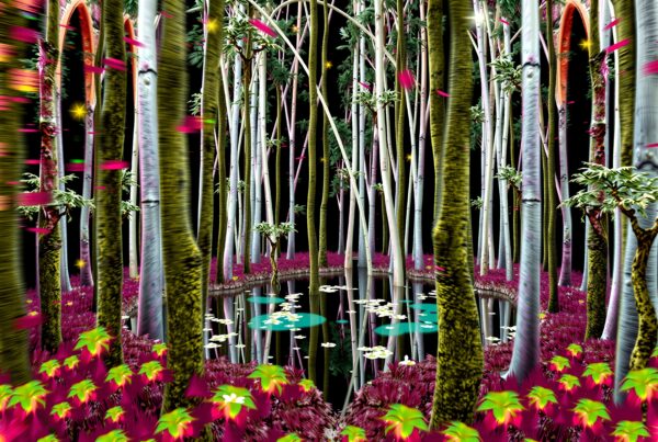 Vibrant fantastical forest with colorful trees.