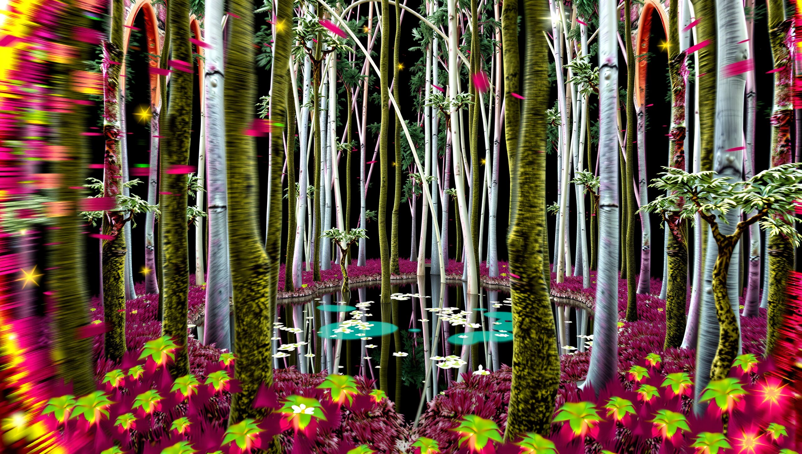 Colorful Dreamscape with Tall Trees