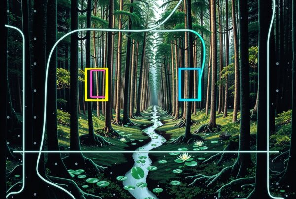 A serene forest with tall trees and a narrow stream, enhanced by neon-colored geometric shapes, blending nature and technology.