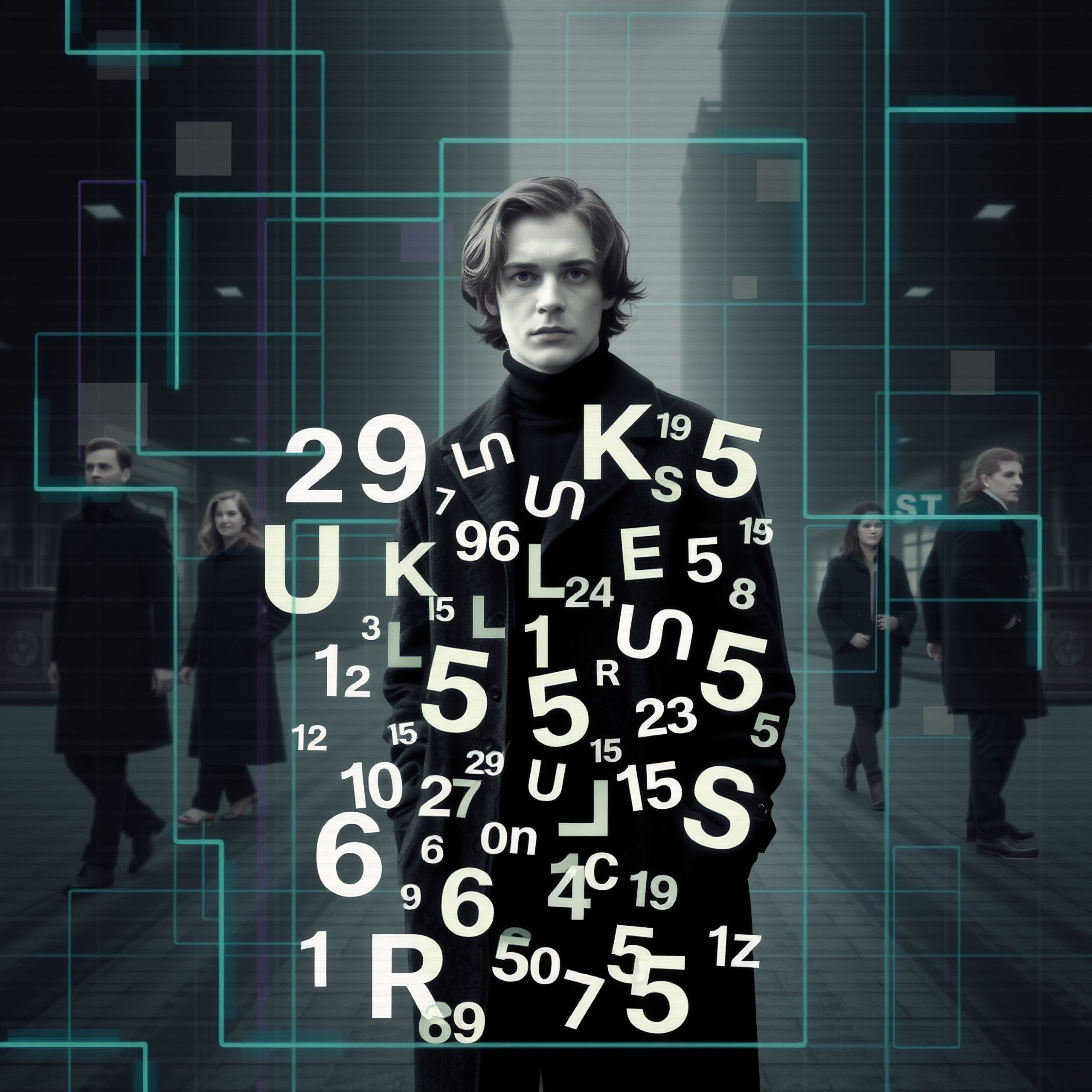 Digital Numbers Surround Mysterious Man