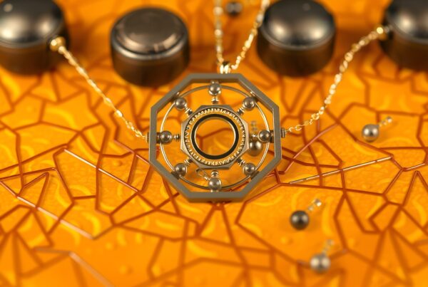An intricate geometric necklace on a vibrant orange patterned background.