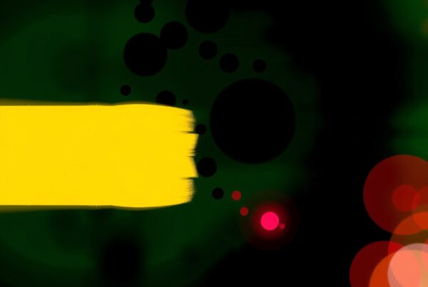 Abstract composition with bold yellow brushstroke, surrounded by vibrant red and orange circles on a black background.