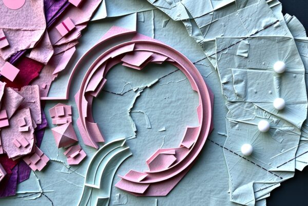 Abstract art collage with layered textures, featuring pink circular elements and pastel shades.