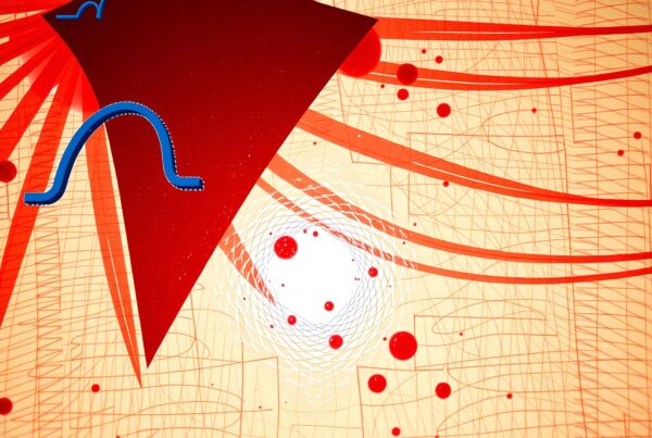 Abstract image with red lines and blue accent in a geometric pattern.