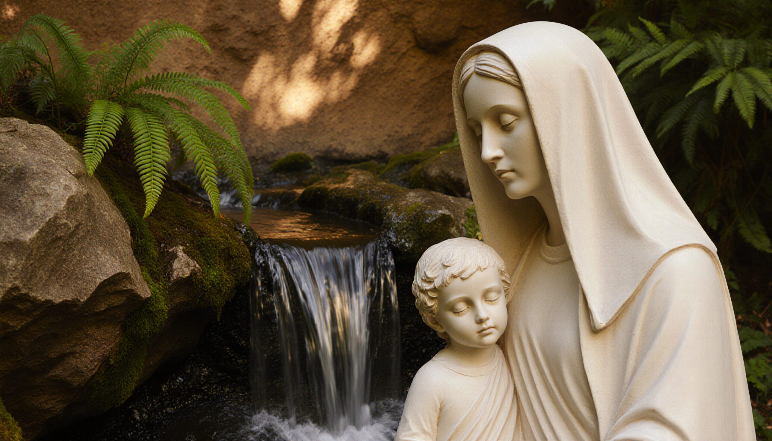 Statue by Gentle Waterfall Scene