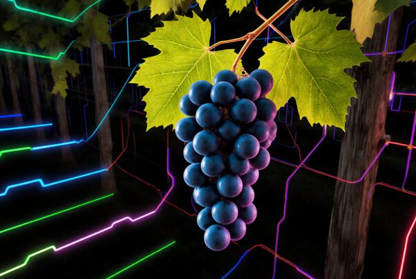 A vibrant bunch of grapes hanging amidst colorful neon lights in a vineyard setting, blending nature and technology.