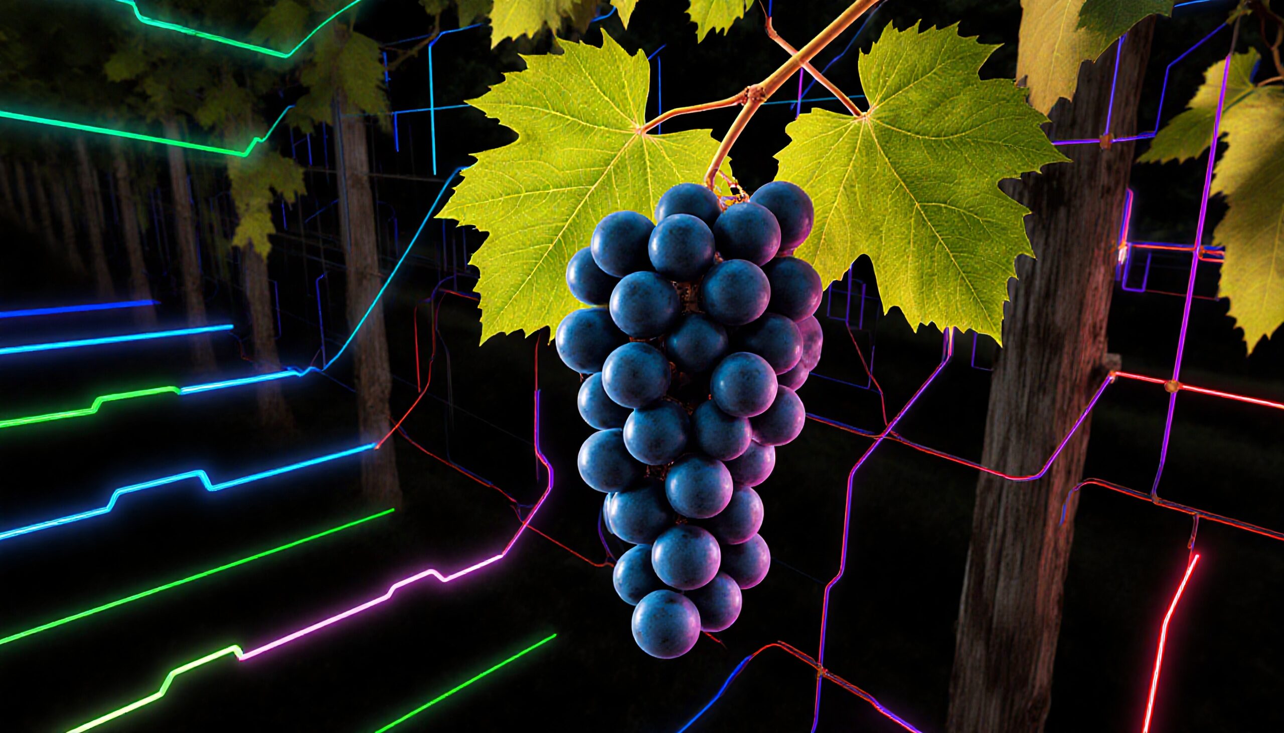 Grapevine amidst neon lights