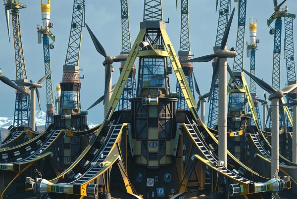 Futuristic industrial scene with wind turbines.