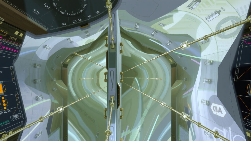 Futuristic Technology Interior with Control Panels and Golden Ca