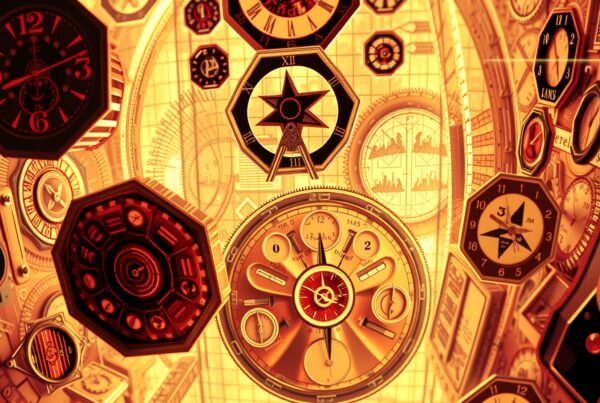A steampunk-themed illustration of intricately designed clocks with gears and Roman numerals in a golden hue backdrop.