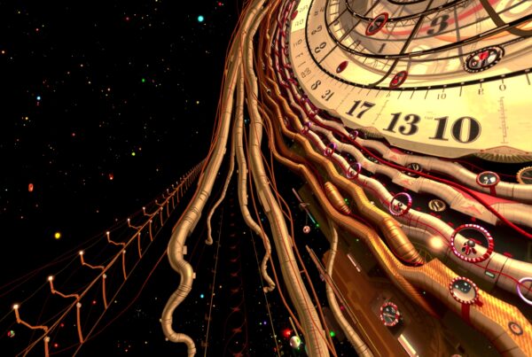 Abstract clock blending time and space in a cosmic, surreal manner.