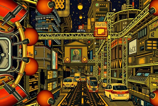 A vibrant futuristic cityscape brimming with neon lights and bustling activity at night.