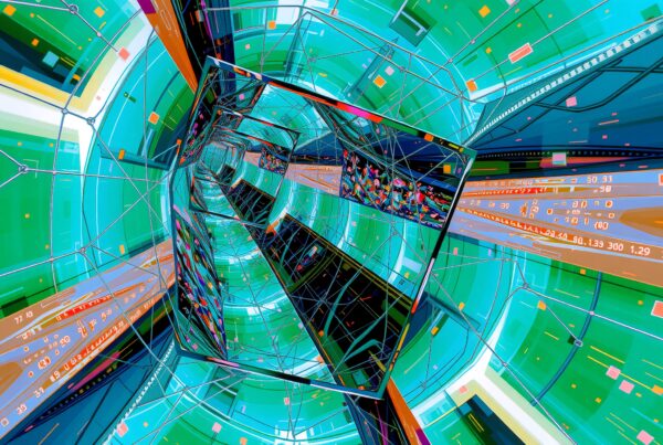 Vibrant digital artwork of an abstract, futuristic tunnel.