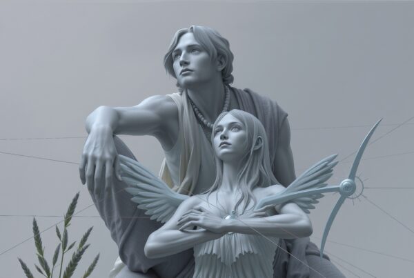 Image of serene figures with wings and staff, evoking tranquility and harmony in muted tones.