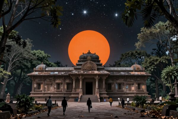 A mystical temple beneath a starry sky with a glowing orange celestial body in the backdrop.