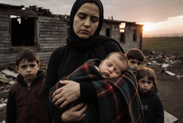 A woman and children stand in front of a dilapidated house at sunset, holding a baby wrapped in a blanket, with somber expressions.