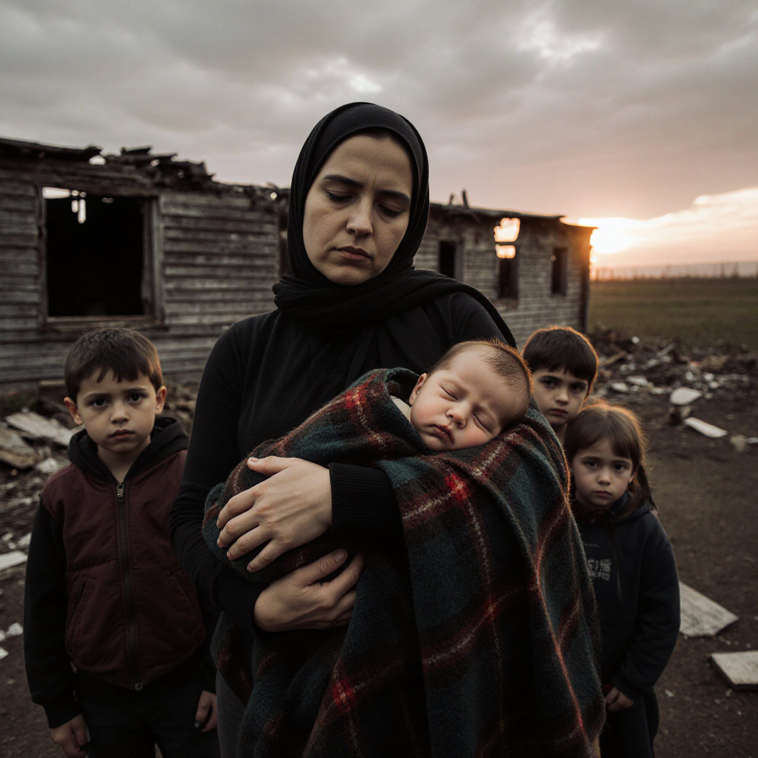 Family in a desolate landscape