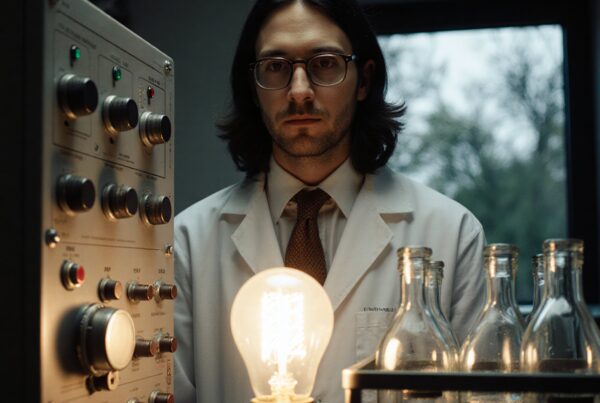 A scientist in a white lab coat stands in a dimly lit laboratory, illuminated by a glowing light bulb with control panels and bottles surrounding.