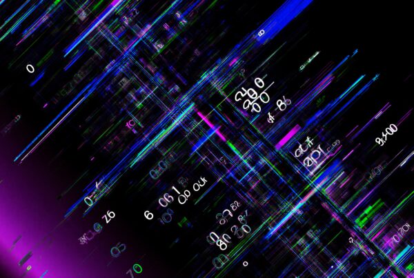Abstract digital art with colorful lines, numbers, and an electric atmosphere, suggesting a futuristic data landscape.