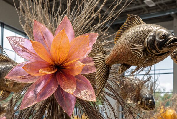 Art installation with bronze fish sculptures and a central vibrant flower, set in an open, naturally lit room.