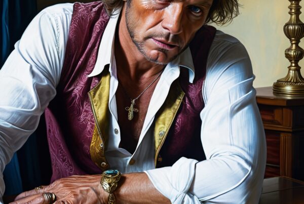 A man with blue eyes and brown hair sitting at a table with stacks of hundred-dollar bills, wearing a white shirt and ornate vest.