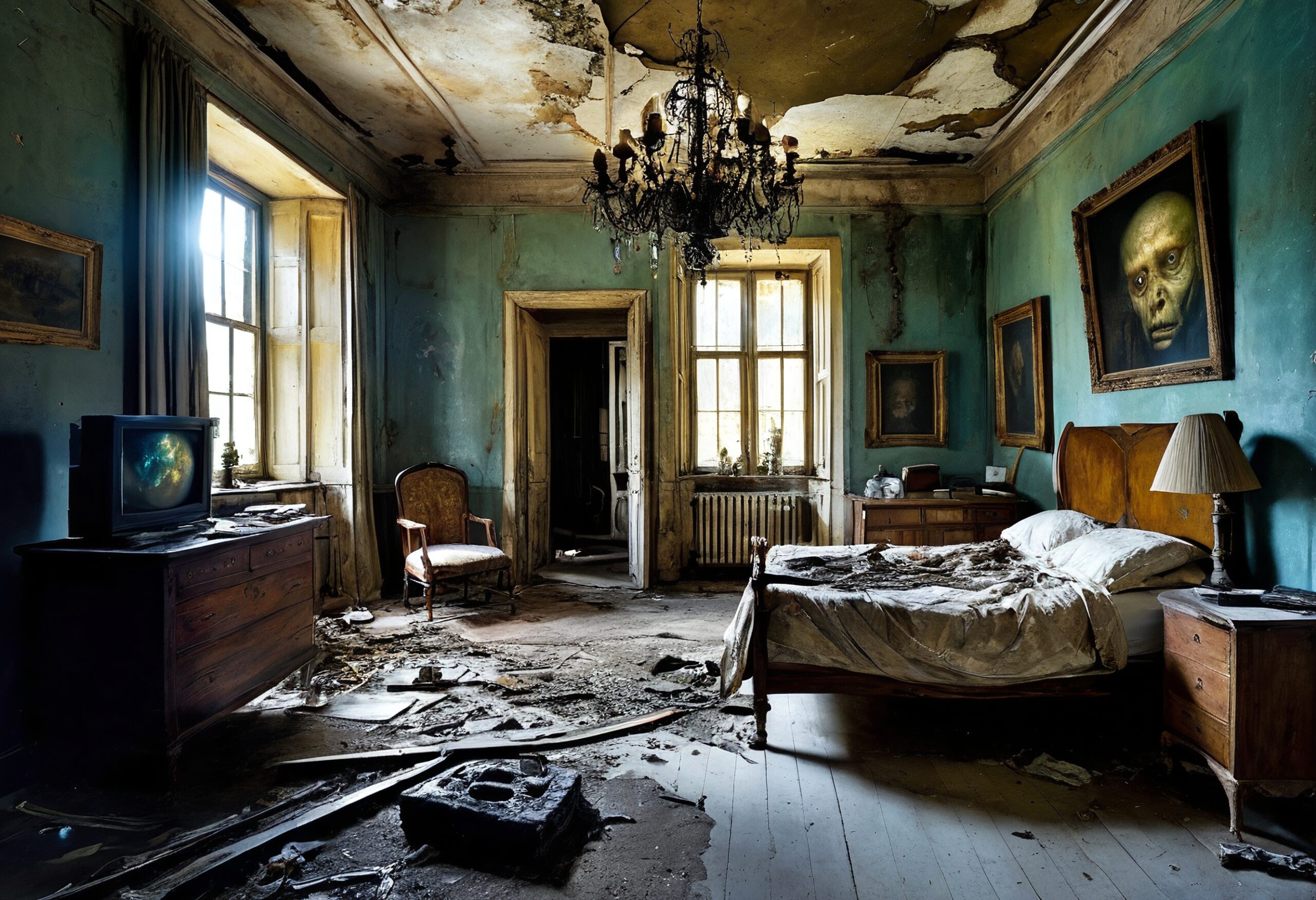 Abandoned Room with Eerie Portraits