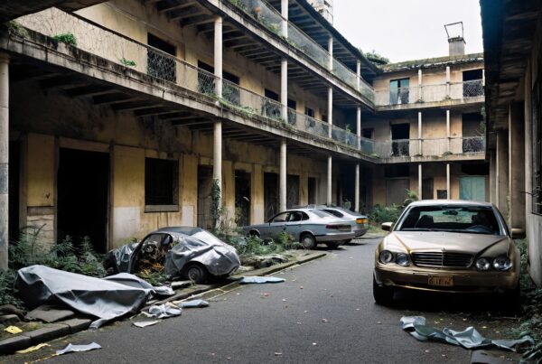Image of a deserted courtyard with abandoned vehicles and overgrown plants, highlighting urban decay and neglect.