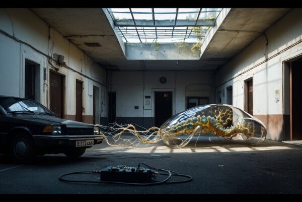A sci-fi scene featuring a vintage car and a surreal cocoon-like organism in a dilapidated courtyard.