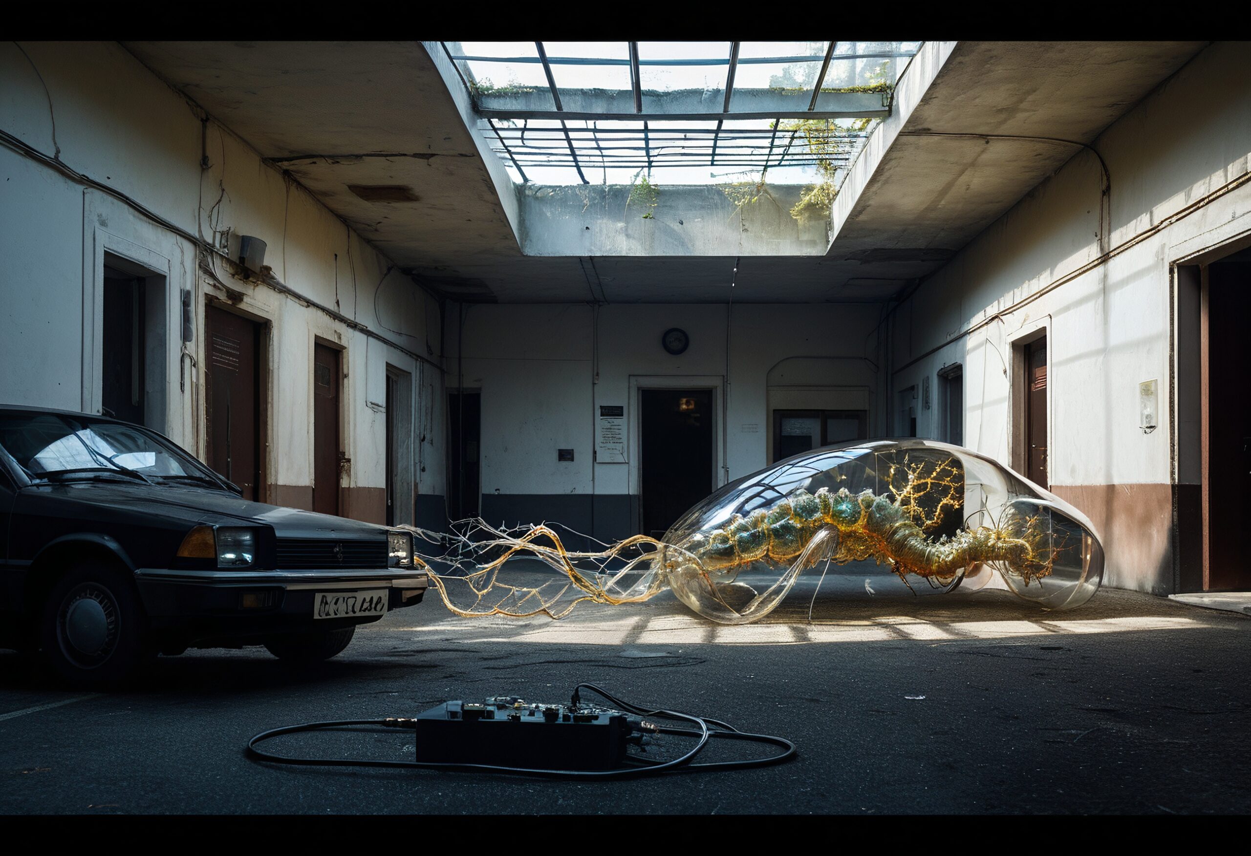 Futuristic Object in Abandoned Courtyard