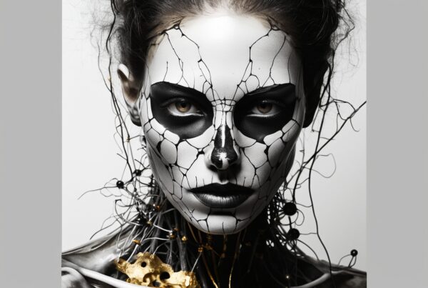 A person with intricate skull-like makeup and wire accessories in a dramatic artistic portrait.