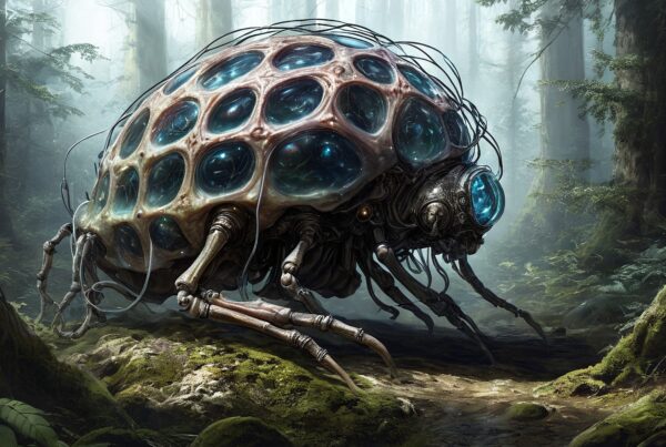 A futuristic insect-like robotic creature in a misty forest environment featuring translucent nodes and metallic legs.