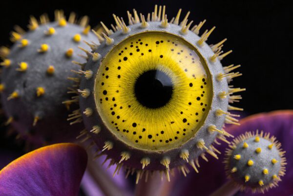 A surreal and colorful eye-flower blending natural and fantastical elements.