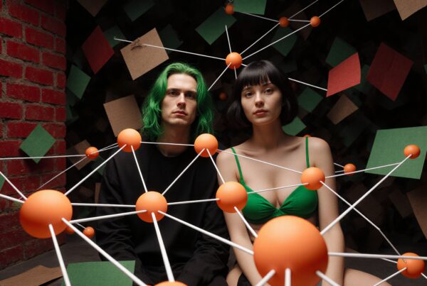 Two people surrounded by geometric art featuring orange spheres and white rods in a brick-walled environment.