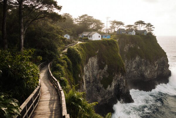 A scenic cliffside path with homes overlooking the ocean, surrounded by lush greenery and crashing waves below.