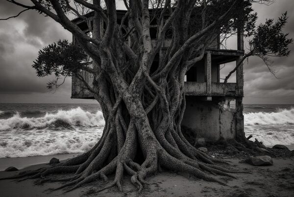 A gnarled tree entwines an abandoned beachfront house, reclaiming the space amidst crashing waves and stormy skies.