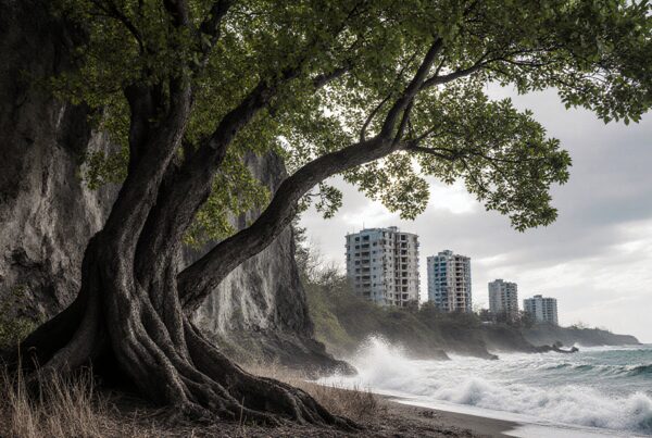 View of a tree-lined coastline with modern buildings in the distance, waves crashing on the shore.